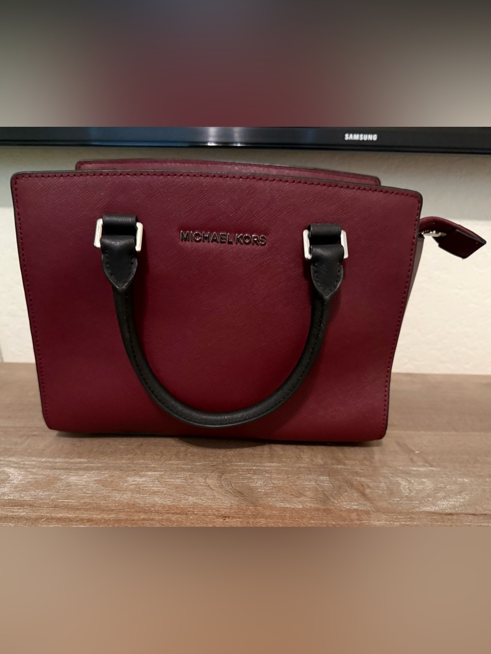 Michael Kors Burgundy Satchel with Black Handles